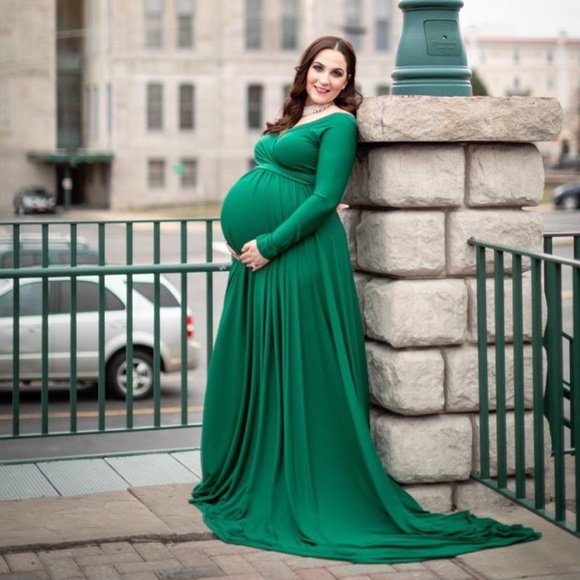 Hunter Green Long Sleeve Maternity Off the Shoulder Half Circle Gown, Size Small - Picture 9 of 9